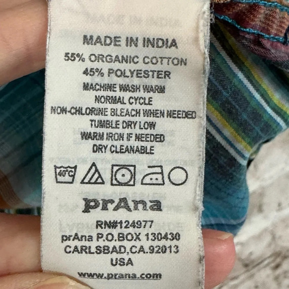 prAna Men's Medium Ostend Short Sleeve Button Down Shirt Plaid Blue Teal Orange - Picture 4 of 7